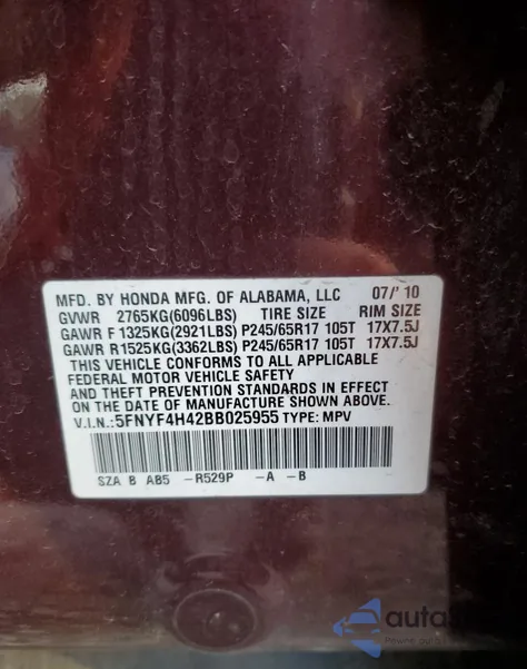 2011 Honda Pilot Ex from USA, damaged, VIN 5FNYF4H42BB025955